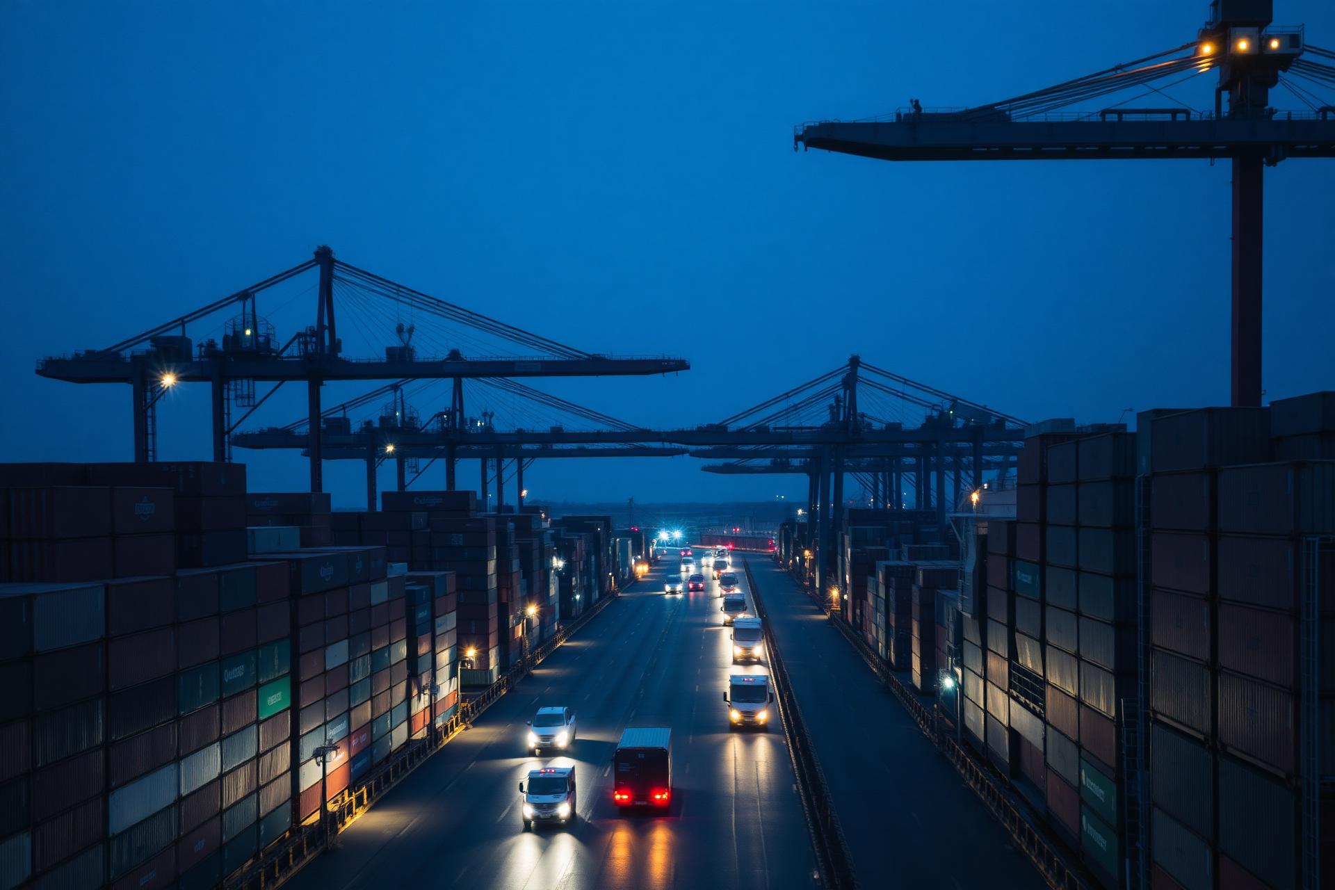 Global shipping port at dusk